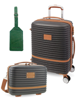 Hard Shell Luggage PC 3937CB CHRC+PC3761 Pierre Cardin CABIN Charcoal Hard Shell with Mini Beauty Case Set + Assorted Leather Tag