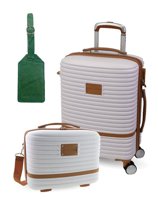 Hard Shell Luggage PC 3937CB WHITE+PC3761 Pierre Cardin CABIN White Hard Shell with Mini Beauty Case Set + Assorted Leather Tag