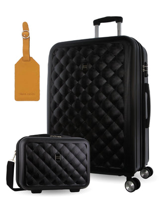 Luggage & Bags PC 3762LB BLACK+PC3761 Pierre Cardin LARGE Black Hard Shell with Mini Beauty Case Set + Assorted Leather Tag