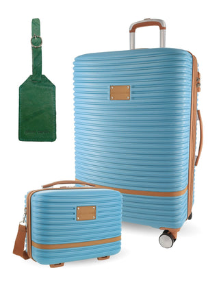 Hard Shell Luggage PC 3937LB BLUE+PC3761 Pierre Cardin LARGE Blue Hard Shell with Mini Beauty Case Set + Assorted Leather Tag