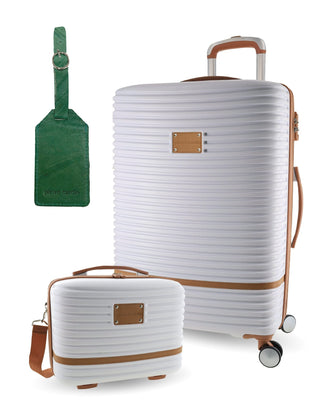 Hard Shell Luggage PC 3937LB WHITE+PC3761 Pierre Cardin LARGE White Hard Shell with Mini Beauty Case Set + Assorted Leather Tag
