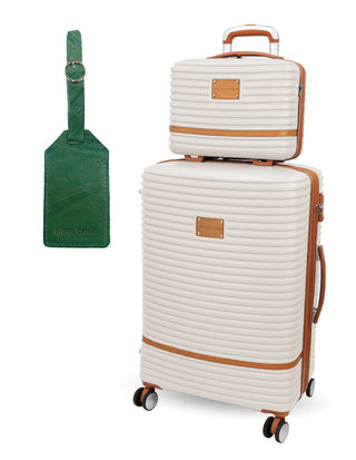 Hard Shell Luggage PC 3937MB WHITE+PC3761 Pierre Cardin MEDIUM White Hard Shell with Mini Beauty Case Set + Assorted Leather Tag