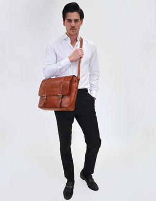 Satchel Bag Cognac / Leather PC 3830 COGN Pierre Cardin Men's Rustic Leather Computer Satchel in Cognac