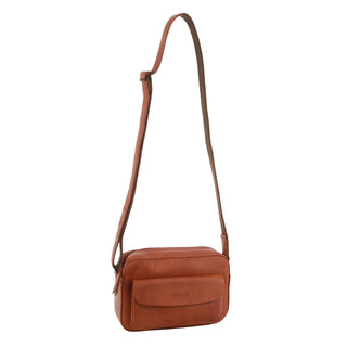Milleni Leather Ladies Multi-Zip Crossbody Bag in Cognac
