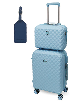 Pierre Cardin CABIN Blue Hard Shell Luggage with Mini Beauty Case Set + Assorted Leather Tag