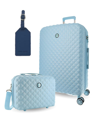 Pierre Cardin MEDIUM Blue Hard Shell Luggage with Mini Beauty Case Set + Assorted Leather Tag