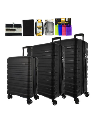 Hard Shell Luggage PC3941 DELUXE BLACK Pierre Cardin 3-piece set of Hard Case Luggage in Black with Travel Essentials kit