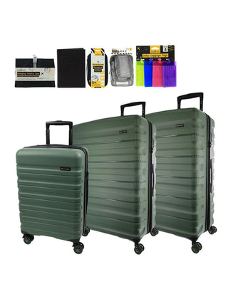 Hard Shell Luggage PC3941 DELUXE MOSS Pierre Cardin 3-piece set of Hard Case Luggage in Moss with Travel Essentials kit