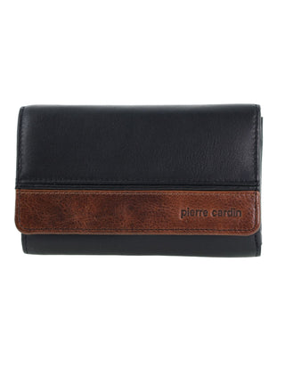 Leather Wallet Black / Leather PC 3946 BLK-COGN Pierre Cardin Italian Leather Durable Ladies Flat Wallet in Black-Cognac