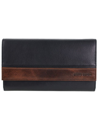 Leather Wallet Black / Leather PC 3945 BLK-COGN Pierre Cardin Italian Leather Fashionable Vintage Ladies Flat Wallet in Black-Cognac