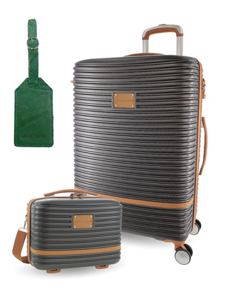 Hard Shell Luggage PC 3937LB CHRC+PC3761 Pierre Cardin LARGE Charcoal Hard Shell with Mini Beauty Case Set + Assorted Leather Tag