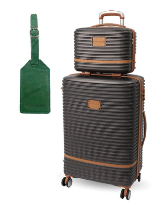 Hard Shell Luggage PC 3937MB CHRC+PC3761 Pierre Cardin MEDIUM Charcoal Hard Shell with Mini Beauty Case Set + Assorted Leather Tag