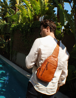 Sling Bag Cognac / Leather PC 3711 COGN Pierre Cardin Men's Leather Sling Bag in Cognac