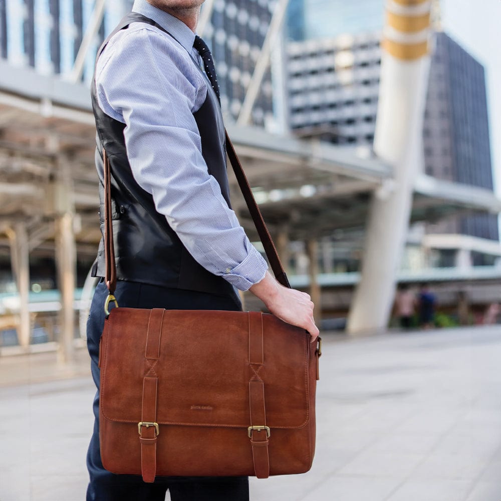 Pierre Cardin Men's Rustic Leather Computer Satchel in Cognac