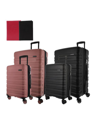 Hard Shell Luggage PC3941 HIS/HERS BLACK-ROSE Pierre Cardin Ultimate Couple Travel Pack - 2 Large, 2 Cabin suitcases plus 2 Leather Passport Covers in Black & Rose