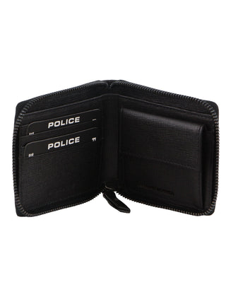 Leather Wallet Black / Leather POL 03 BLK Police Leather Men's Ziparound Wallet in Black