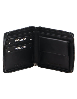 Leather Wallet Black / Leather POL 09 BLK Police Leather Men's Ziparound Wallet in Black